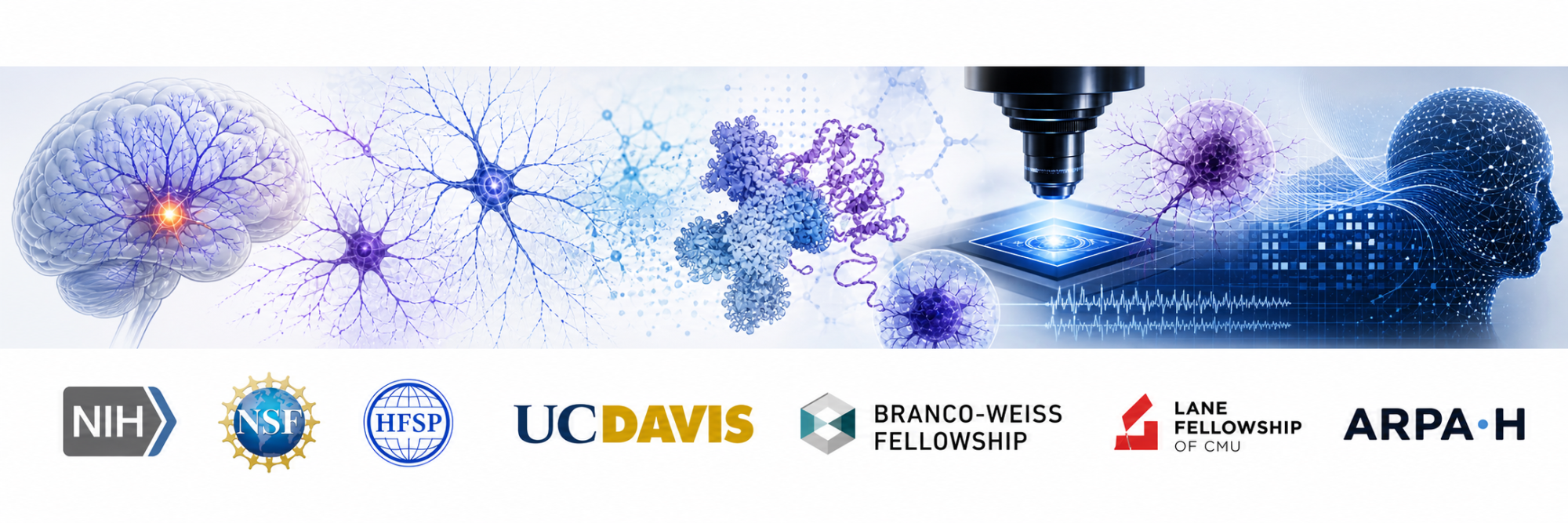 Banner graphic: blue-purple neuron and cell illustrations, pipette, brain and sponsor logos